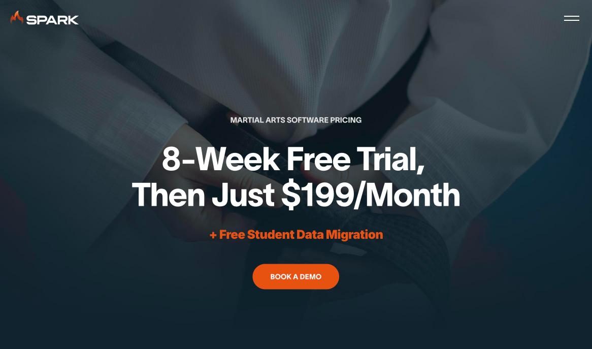 The Spark Membership pricing page on 16 October 2026, headed martial arts software pricing: 8-week free trial, then just $199 a month, plus free student data migration
